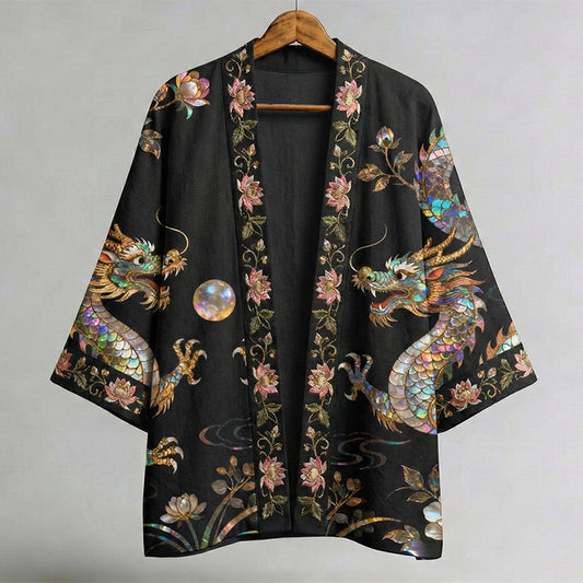 Japanese Dragon And Pearl Motif Art Linen Kimono elevenforest