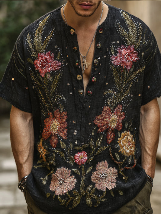 Bohemian Style Three-dimensional Plant And Flower Black Starry Sky Men's V-neck Short-sleeved Shirt elevenforest