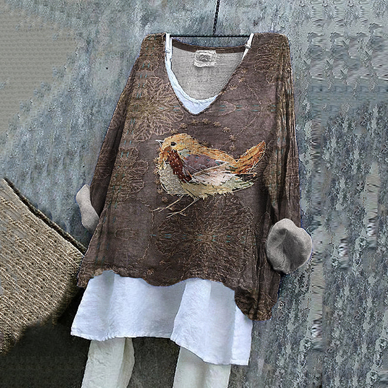 Women's Vintage Bird Art Embroidery Cotton And Linen Shirt elevenforest