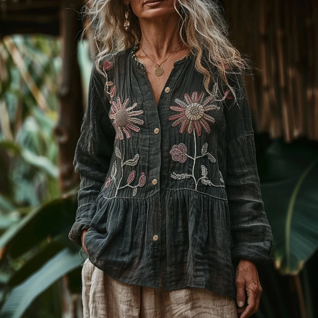 Bohemian Style Linen Floral Art Print Long Sleeve Loose  Shirt elevenforest