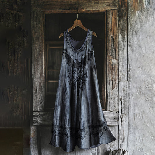 Women's Vintage Viking Raven Rune Print Cotton And Linen Dress elevenforest