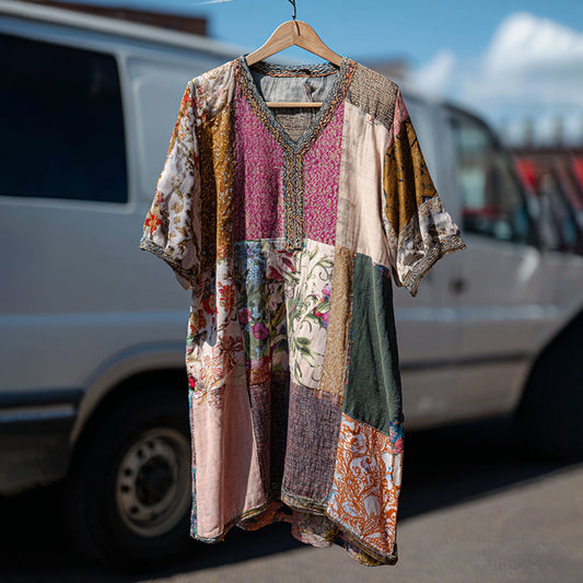 Countryside Style Collection Classy Patchwork Floral Pattern Art Linen Maxi Dress elevenforest