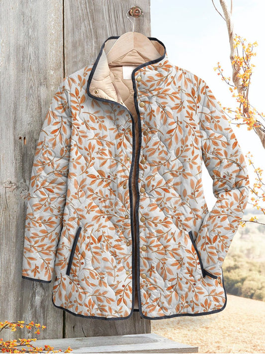 Fall Bough Repeat Pattern Printed Women's Casual Quilted Cardigan