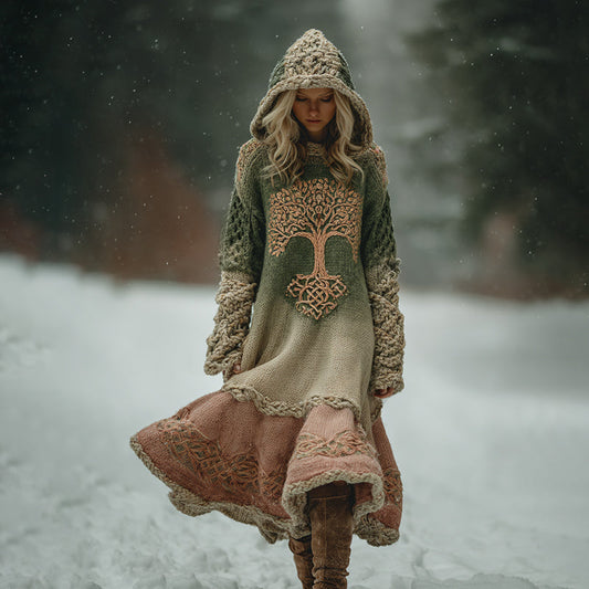 Women's Vintage Celtic Tree Of Life Ombre Hooded Sweater Midi Dress artswardrobe