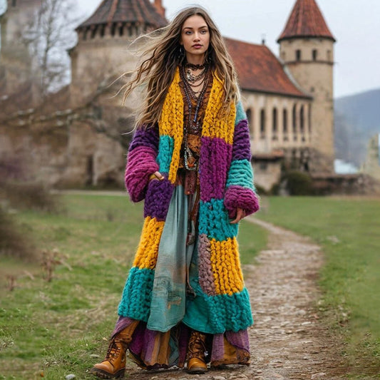 Women's Boho Geometric Contrast Color Comfortable Thick Cardigan elevenforest