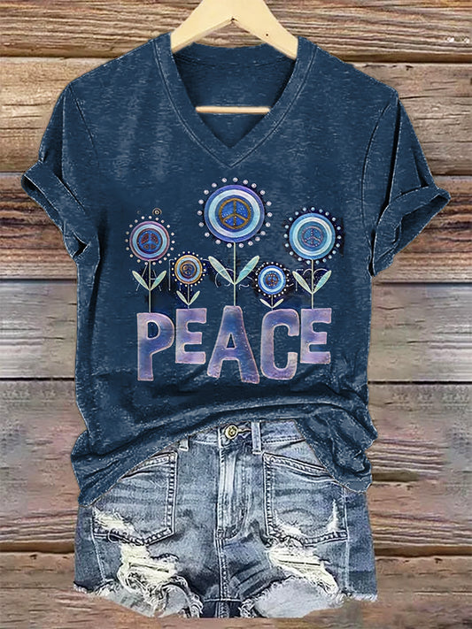 Women's Hippie Peace Art Print V-neck Casual T-Shirt