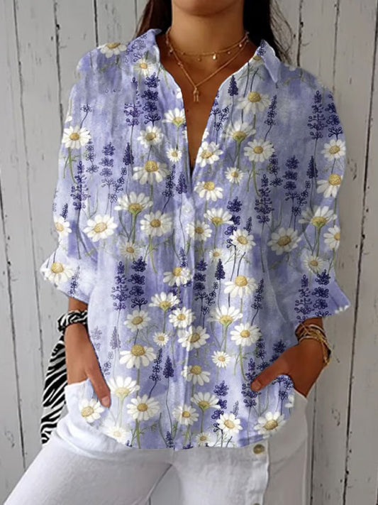 Women's Casual Cotton And Linen Vintage Floral Shirt elevenforest