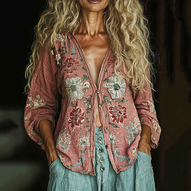 Bohemian Linen Floral Print  Long Sleeve Shirt elevenforest