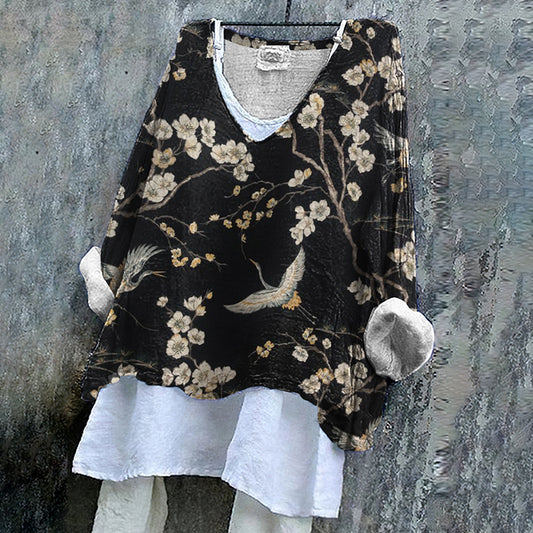 Vintage Japanese Art Sakura Cotton Linen V Neck Comfy Shirt elevenforest