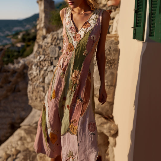 Women's Retro Ethnic Floral Stitching Sleeveless Dress elevenforest