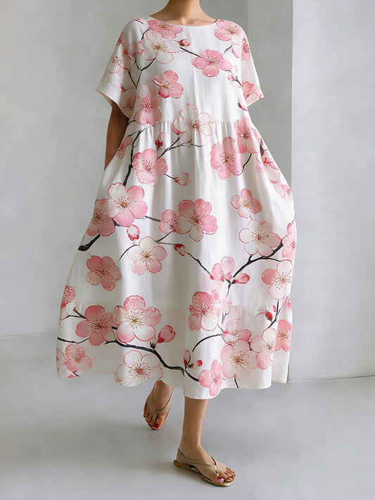 Japanese Art Cherry Blossom Printed Long Sleeve Casual Midi Dress elevenforest