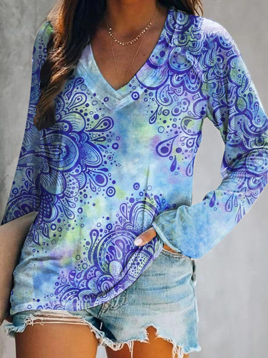 Women's Mandala Trimmed Pattern Art Print V-Neck Long Sleeve Top