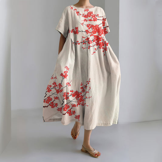 Japanese Art Floral Print Round Neck Short Sleeve Casual Midi Dress elevenforest