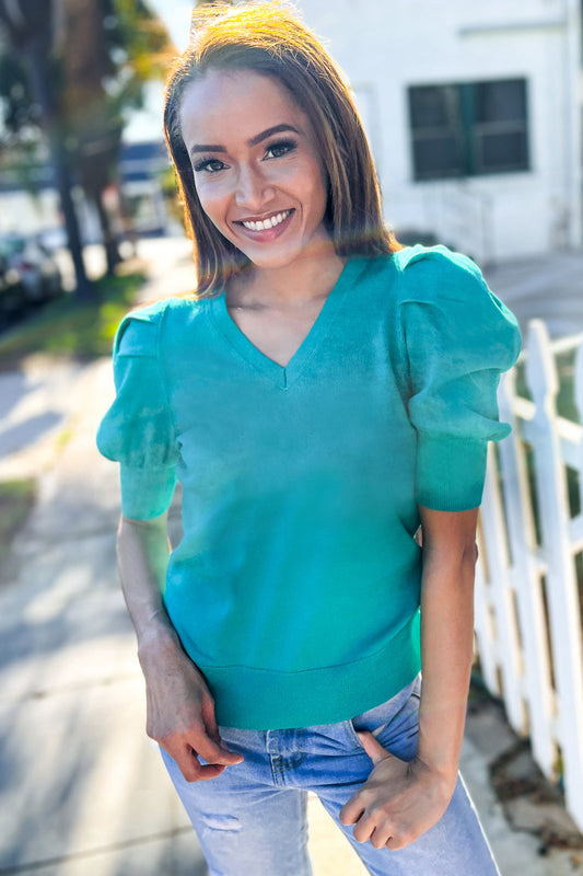 Olivia® | Solid emerald ruched sweater top with puff sleeves