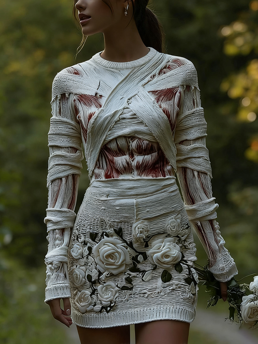 Comstylish Women's Halloween Muscle Anatomy Bandage With Rose Art Cozy Knit Mini Sweater Dress