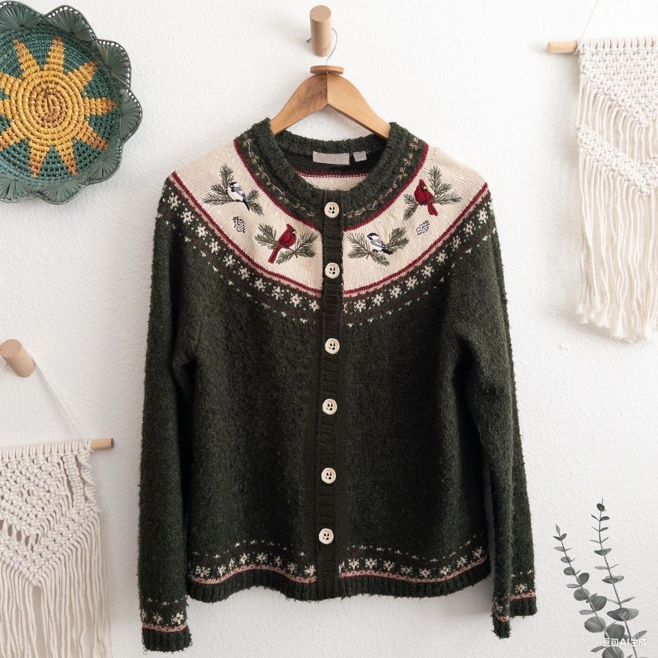 Vintage Christmas Cardinal Bird Jacquard Vintage Knit Button Cardigan artswardrobe