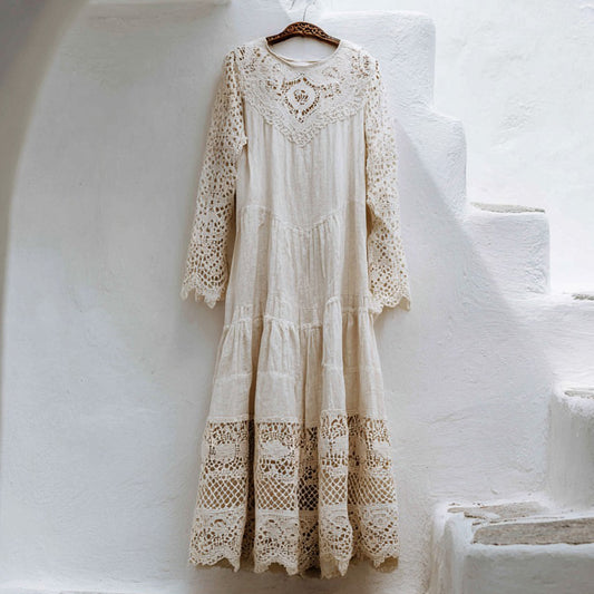 Women's Vintage Lace-paneled Linen Round-neck Dress elevenforest