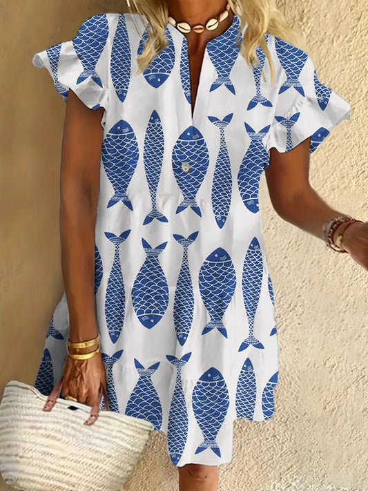 Fish Art Print Ruffled Short-sleeved V-neck Buttoned Dress Vacation Beach Dress