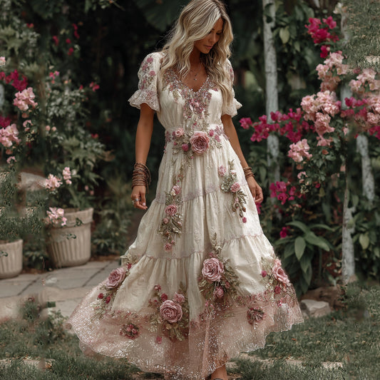 Women's Rose Embroidery Art V-neck Short Sleeve Maxi Dress elevenforest