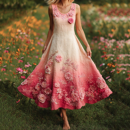 Pink Floral Embroidered Vintage Linen Tank Maxi Dress elevenforest
