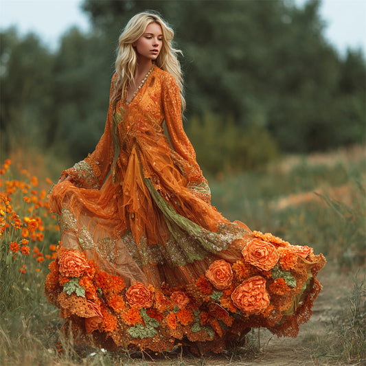 Fall Boho Floral Embroidery Women's Long Sleeve V-neck Flowy Maxi Dress