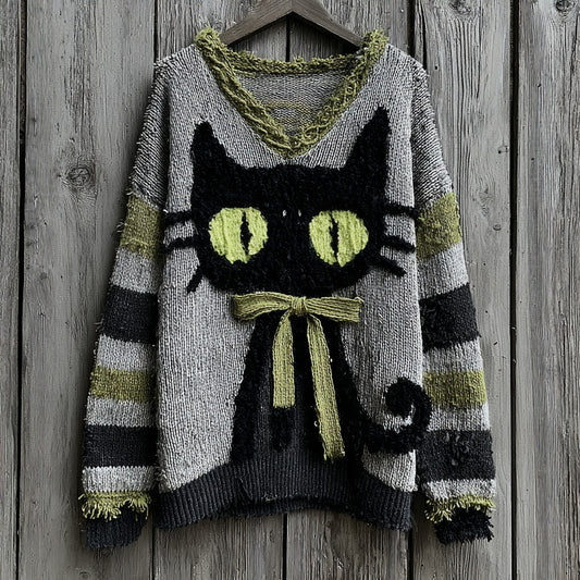 Halloween Black Cat Striped Knit V-neck Sweater