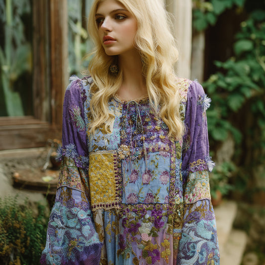 Vintage Boho Floral Patchwork Embroidered Women's Linen Long Sleeve Shirt elevenforest