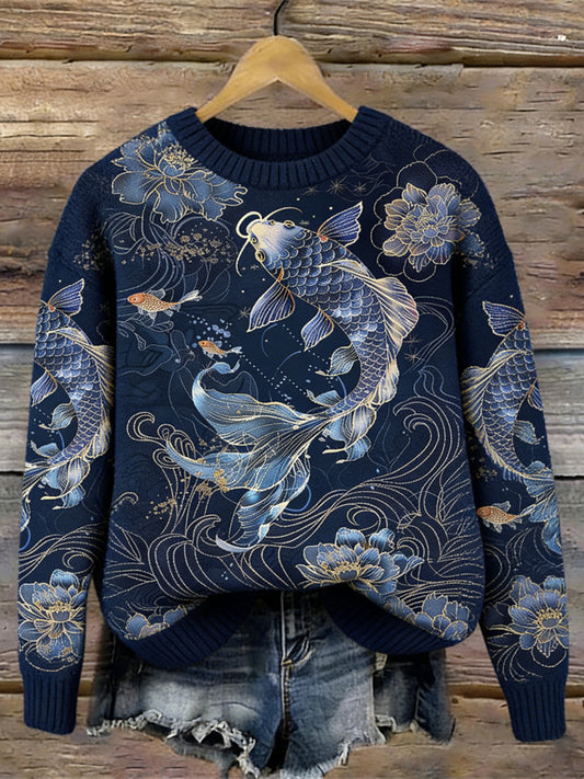 Japanese Ocean Fish Pattern Women's Knit Sweater elevenforest