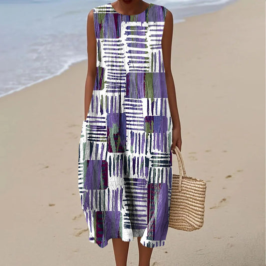 Women's Color Block Art Print Linen Vest Dress elevenforest