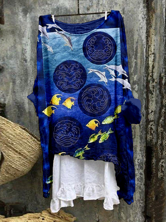 Vintage Ocean Sashiko Art Linen Blend Cozy Tunic elevenforest