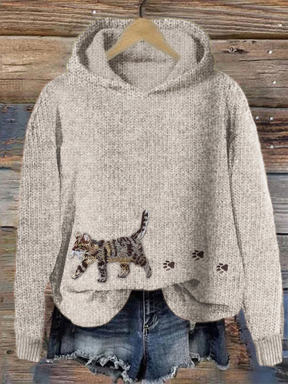 Comstylish Cat & Paw Prints Embroidered Cozy Knit Hooded Sweater
