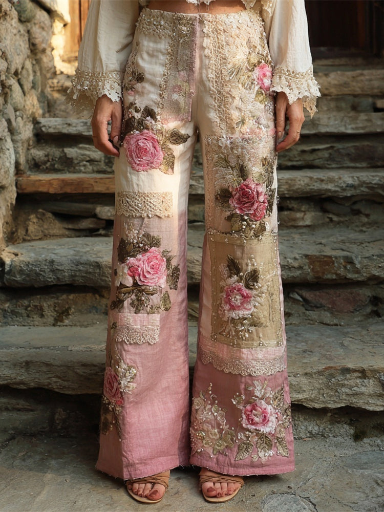 Boho Vintage Floral Lace Patchwork Art Women's Linen Trousers elevenforest