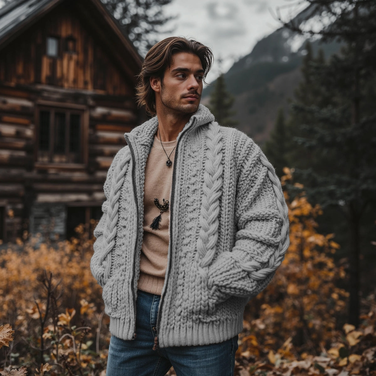 Men'S Burlap Pattern Vintage Stand Collar Zipper Sweater elevenforest