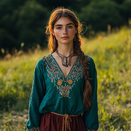 Boho Floral Embroidery Art Linen Blend V-neck Blouse elevenforest