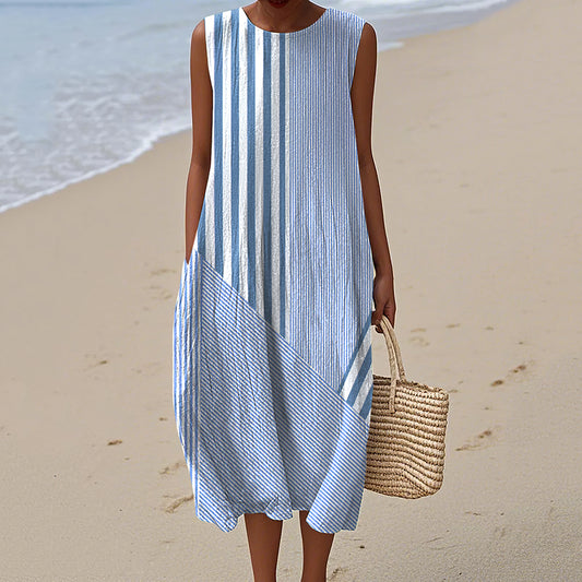 Retro Stripes Pattern Comfy Linen Tank Dress elevenforest
