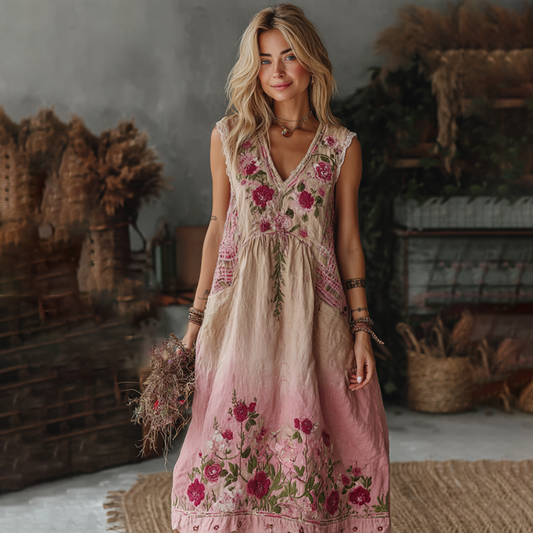 Classy Gradient Pink Roses Embroidered Linen Maxi Dress elevenforest