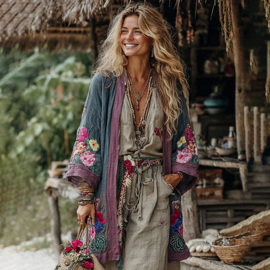 Vintage Bohemian Floral Art Embroidery Print Cotton And Linen Blend Midi-length Kimono Cardigan elevenforest
