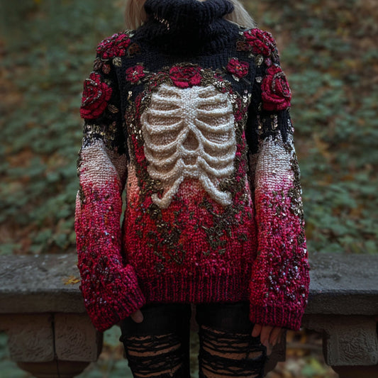 Comstylish Women's Halloween Anatomy Art And Flower Gradient 3d Knitted High Collar Sweater