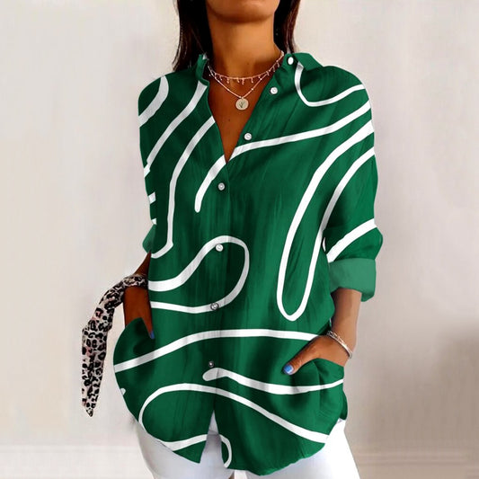 Women's Stripe Art Print Casual Linen Blend Shirt elevenforest