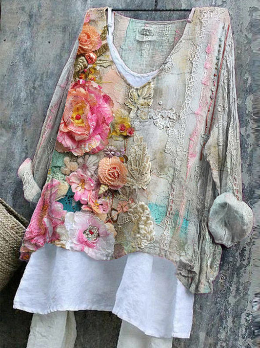 Comstylish Vintage Floral Embroidery Art Linen Blend V-Neck Shirt