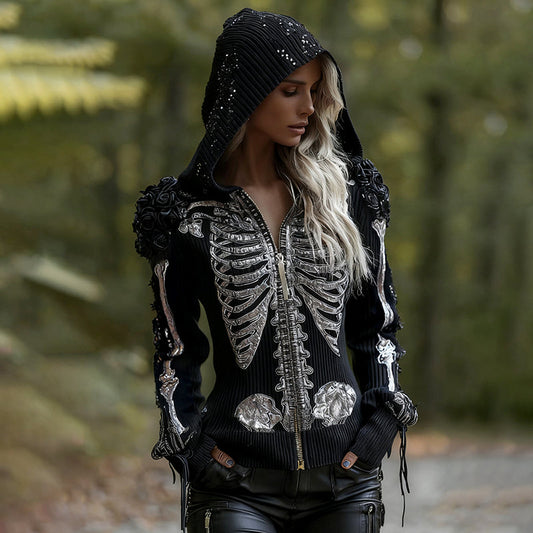 Comstylish Women's Vintage Skeleton Rose Gothic Art Zipper Knit Hooded Sweater