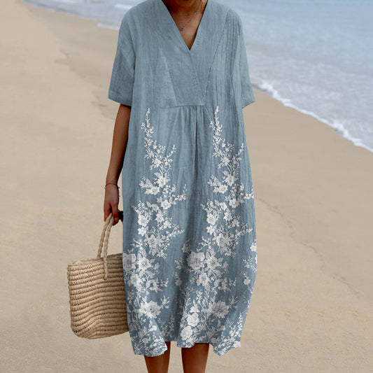 Vintage Lace Art Casual V Neck Midi Dress elevenforest