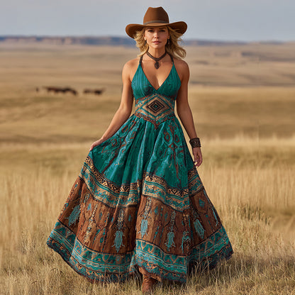 Women's Vintage Western Print Suspender Maxi Dress artswardrobe