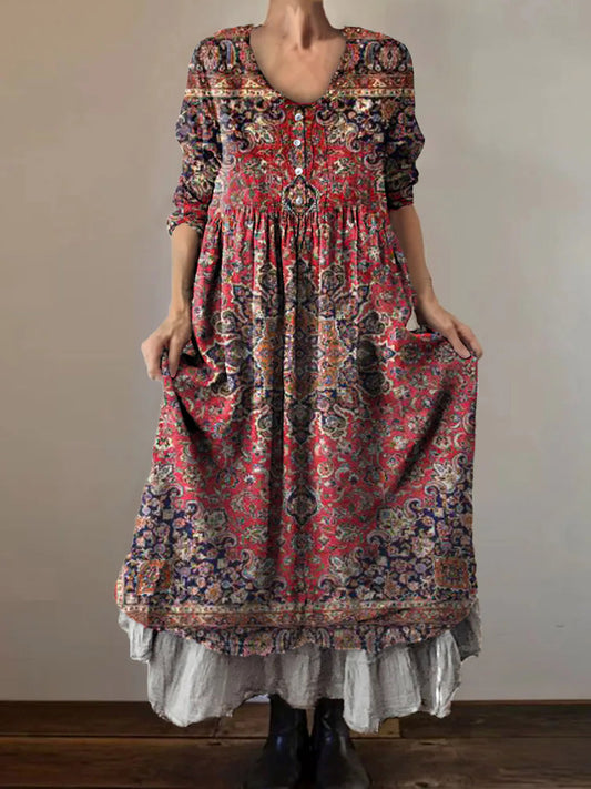 Women's Ethnic Tattoo Art Print V-Neck Button Pocket Cotton Dress