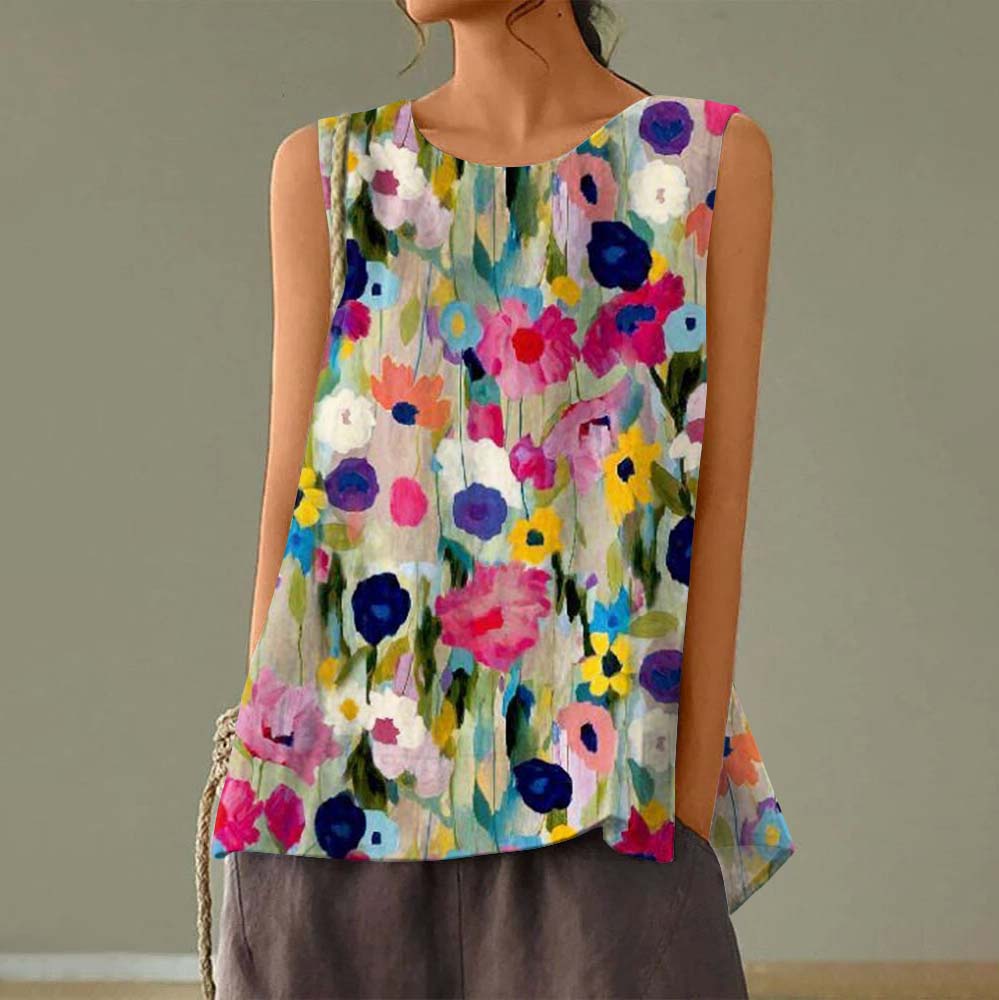 Comstylish Color Block Floral Art Printed Crew Neck Casual Sleeveless Top