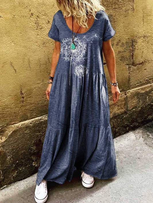 Women's Dandelion Pattern Art Print Pocket Short Sleeve Cotton Dress