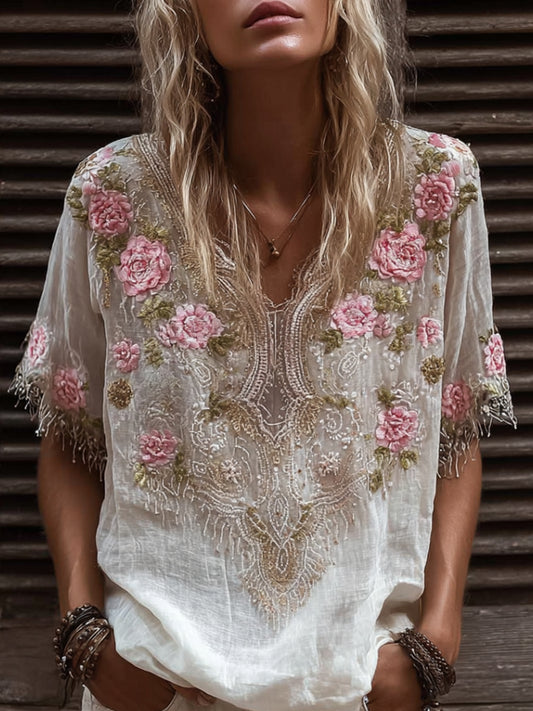 Women's Pink Flower V-neck Vintage Embroidery Short-sleeved Shirt elevenforest