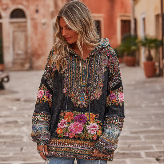 Women's Vintage Ethnic Floral Embroidery Dark-colored Hoodie elevenforest