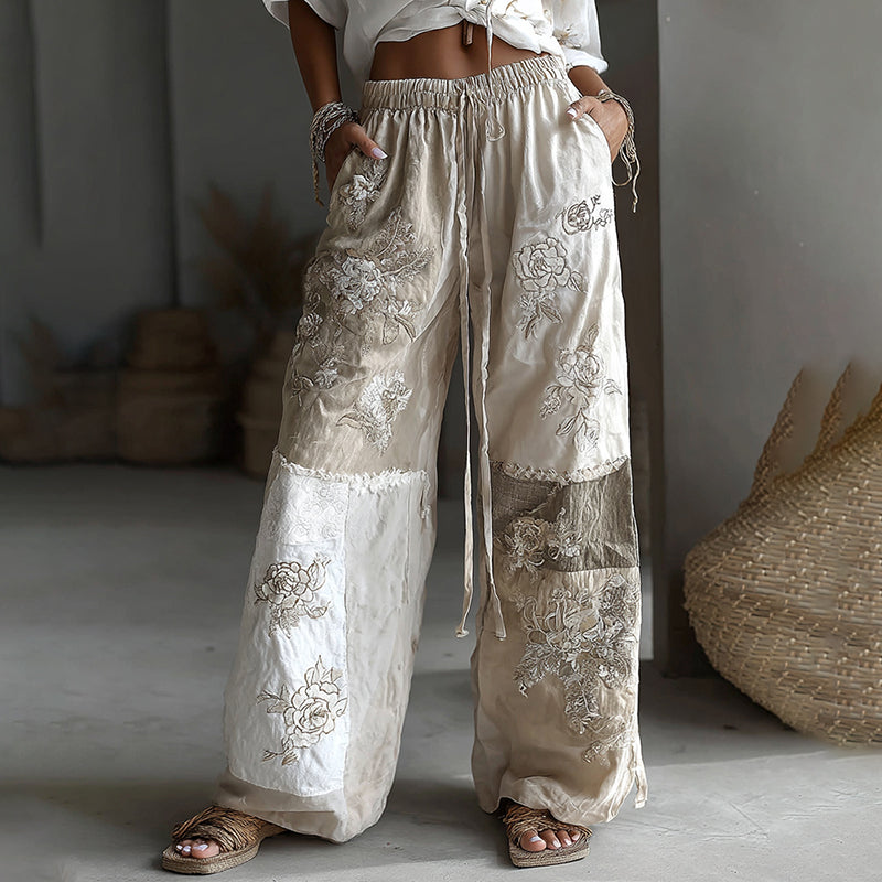 Women's Retro Floral Patchwork Art Pocket Linen Pants elevenforest