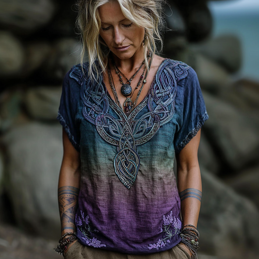 Vintage Viking Celtic Knot Gradient Art Women's Linen V Neck T-shirt elevenforest